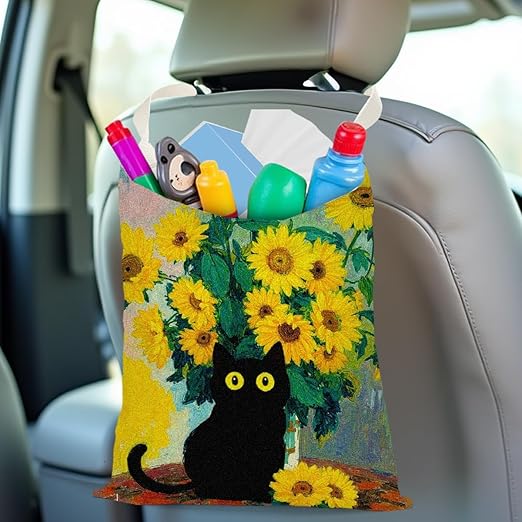 Black Cat Car Trash Bag, Car Trash Bag Hanging, Waterproof Cars Back Seat Hanging Organizer and Storage Trash Bags for Vehicle Travelling Camping Sunflowers Decor