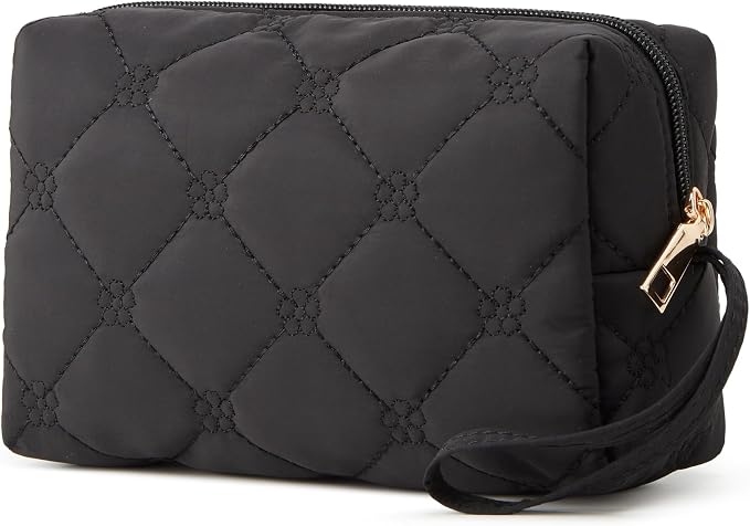 YTL Travel Makeup Bag, Puffer Cosmetic Bag for Women, Waterproof Puffy Padded Make Up Bags, Flat Open Portable Organizer Case Toiletry Bag Pouch Purse for Skincare, Brushes & Travel Essentials