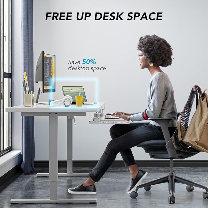AX WABER Keyboard Tray Under Desk Pull Out with Extra Sturdy C Clamp Mount System, 27.3 (32.5 inch Including Clamps) x 11 Inch Slide-Out Platform Computer Drawer for Typing White AX01WW01