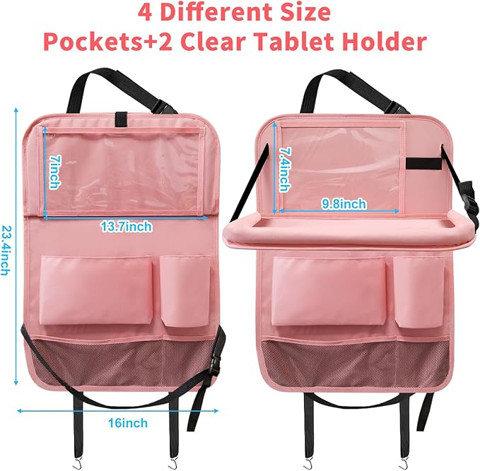 Car Backseat Organizer with Tray, Seat Back Table Holder with 6 Storage Pockets, Car Seat Back Protectors Kick Mats Travel Accessories, 2 Pack Pink