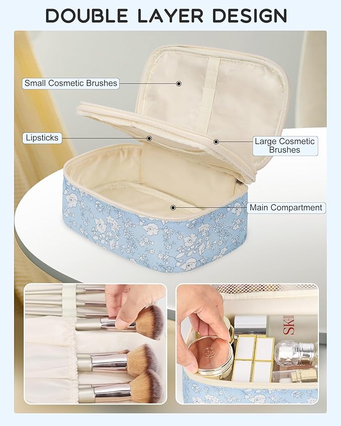 Relavel Travel Makeup Bag, Small Floral Cosmetic Bag with Makeup Brush Compartment, Portable Makeup Pouch for Women, Double Layer Makeup Organizer Bag Cute Toiletry Bag, White Flower