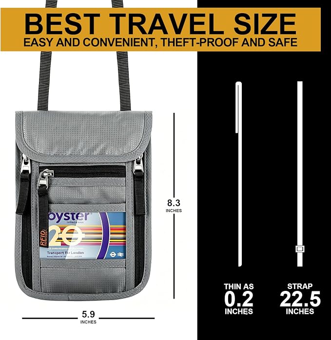 Travel Neck Wallet with RFID Blocking & Passport Holder - Large Capacity Hidden Pouch for Phone, Cash, Cards, ID | Slim Fit, Anti-Theft Organizer for Airports, Sightseeing