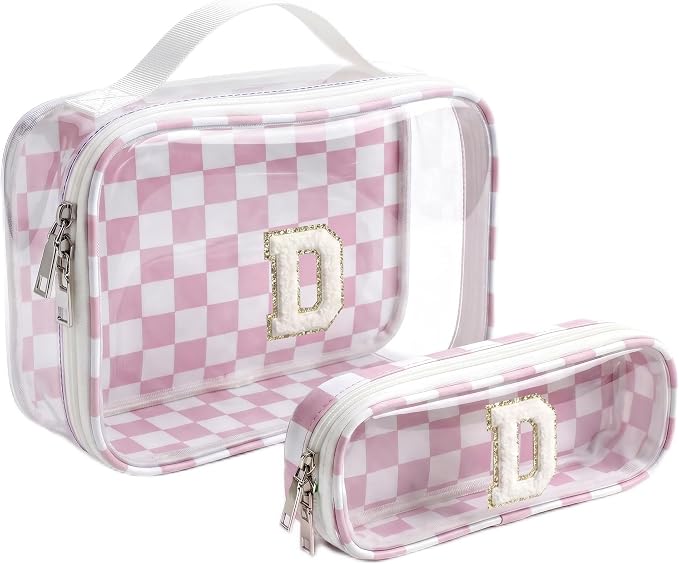 Checkered Makeup Bag for Women - Monogram Personalized Initial Makeup Bags Cosmetic Pouch Make Up Case for Women Her Best Friend Friendship Sister Teacher,Birthday Gifts for Women (D,Pink&Beige)