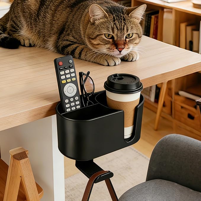 MYITYARD 4 in 1 Desk Cup Holder, Clamp On Drink Holder with Headphone Hanger, Anti-Spill Clip on Desk Organizer for Pen Phone Mug, Gaming Office Desk Accessories fits Most Desks