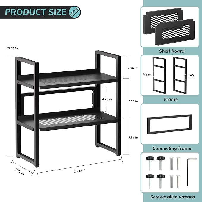 Brakki Desk Shelf Organizer, Adjustable 2 Tier Metal Desktop Shelves, Desktop Bookshelf Organization with Foot Mat, Multi-Functional Small Storage Rack for Office Dorm Home, Black