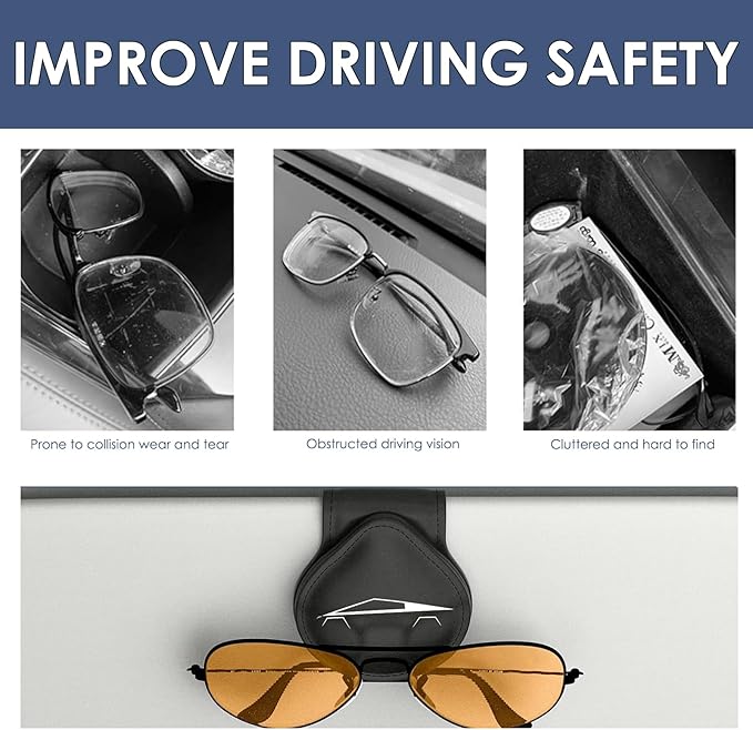 Car Sunglass Holder Compatible with Tesla Cybertruck 2025 2024 Cyberbeast Interior Accessories Organizer Leather Eyeglass Hanger Visor Ticket Card Clip Magnetic Cyber Truck Sunglasses Holders (Black)