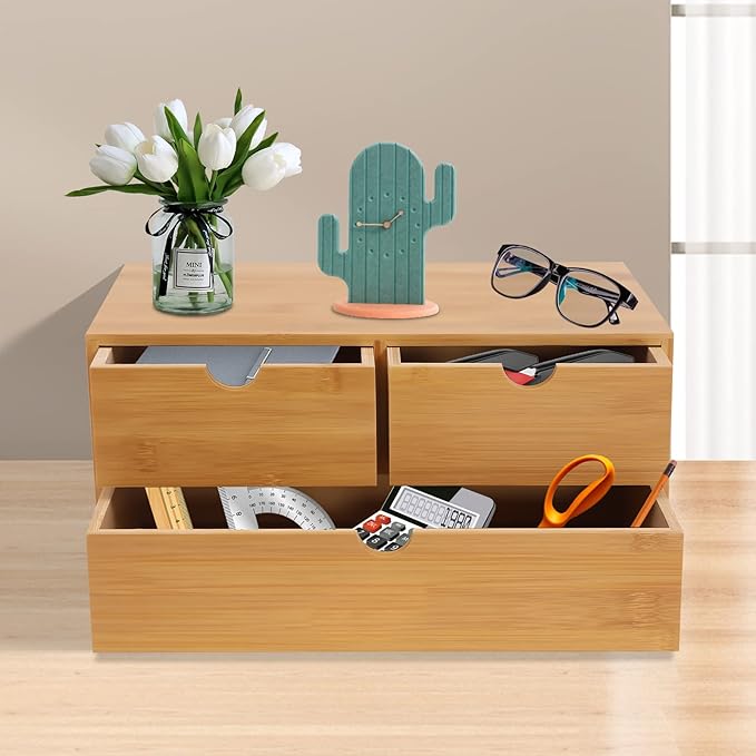 Gdrasuya10 Bamboo Desk Organizer, Drawer Tabletop Storage Organization Box for Office Home Toiletries Supplies, No Assembly Required