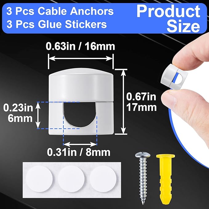 3 Sets Charger Holders for Cords, White Adjustable Cable Anchor Holders, Adhesive Metal Cord Clips, Cable Management Wire Organizers for Desk, Office, Nightstand
