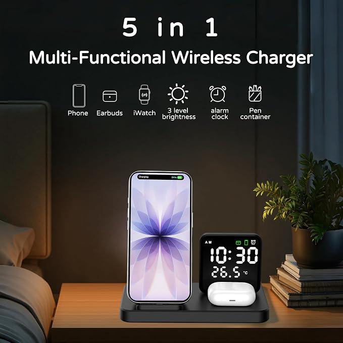 5 in 1 Wireless Charging Station with Alarm Clock Pen Holder, Fast Wireless Charger for iPhone 17/16/15/14/13/12/Pro/Max/Air, for iWatch & AirPods, Charger Stand with Temperature, Snooze Model White
