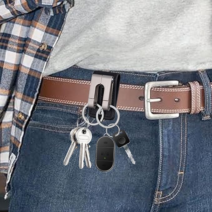 Belt Key Holder Clip for Pants Thin Duty Keychain Keeper with Leather Key Ring Secure Chain Key Hook for Keys Pocket and Belt Loop Durable Leather Keychain for Pants Men’s Key Organizer