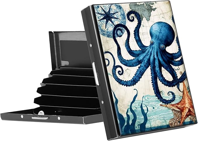RFID Blocking Credit Card Holder - Slim Metal Wallet for Women & Men,Octopus Design Stainless Steel Business Card Case,Compact Pocket Organizer for Travel & Daily Use