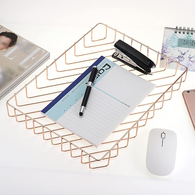 BTSKY Multipurpose A4 File Tray Wire Desk Tray Organizer Elegant Letter Size Desk Documents Trays Magazine Files Storage Basket Organizer Bin for Office Cosmetics Bathroom(Rose Gold)