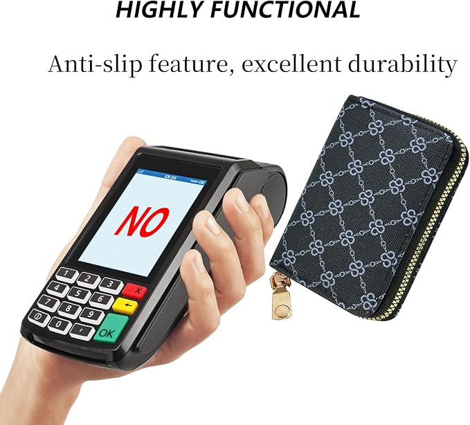 Ladies change card bag, zip storage bank card case, small portable 11 large capacity pouch, holds banknote change credit card(Black grid)