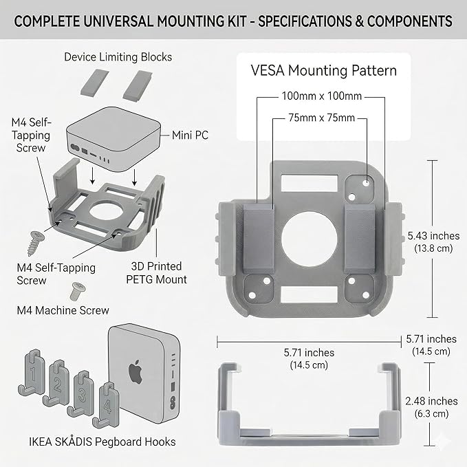 All-in-One Under Desk Mount for Mac mini M4 - VESA Monitor Bracket Compatible, Suitable for IKEA Pegboard, Wall Mount - Mac mini Accessories, Mac M4 Pro Versatile Stand (Grey)