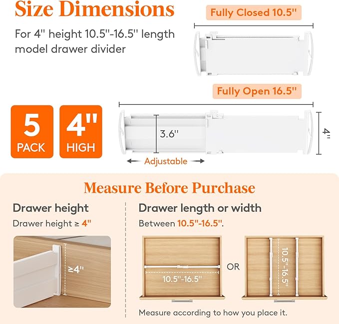 Lifewit 4" Tall 5 Pack Drawer Dividers, 27-42cm/10.5-16.5" Expandable Drawer Divider for Clothes, Adjustable Dresser Drawer Organizers, Drawers Separators for Dresser/Bathroom/Closet/Kitchen White