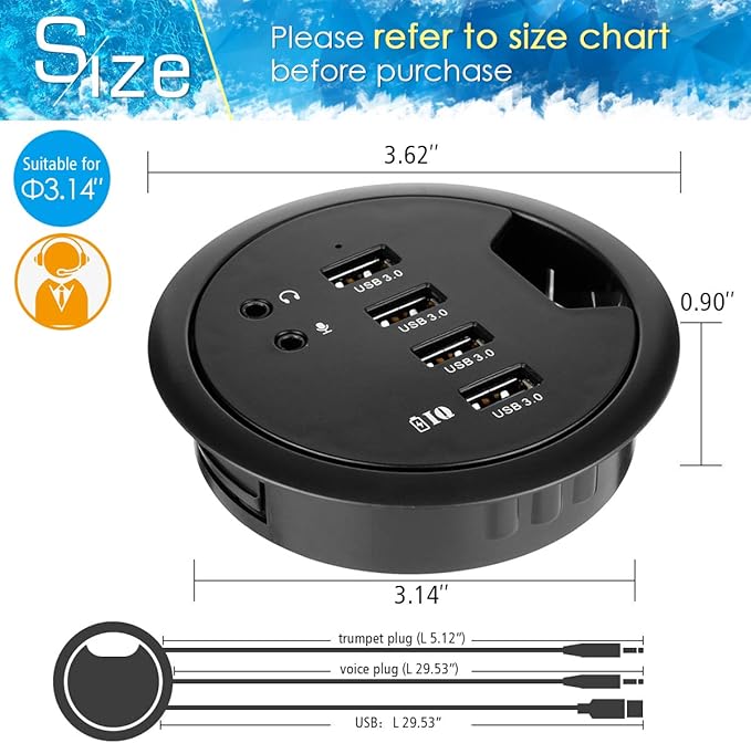 WDX Desk-Fit (Diameter 3.14" or 80MM) 4 Port USB 3.0 Hub with 3.5mm Audio Mic Phone Jack/BC 1.2 USB Charger, 5V/2A Power Adapter for iPhone/Smart Phones(usb3.0 4 Port)(AC Power Supply Included)