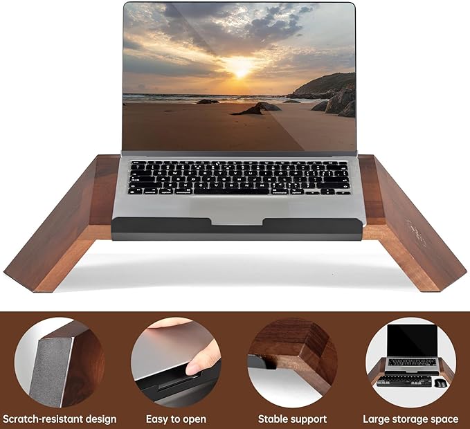 LifeSpan Fitness Ergonomic Wooden Laptop Stand, Desk Riser for 10-17.5" Laptops (19x9.5x3-6", Walnut)