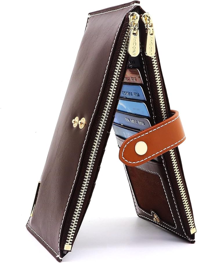 ANDOILT Women's Genuine Leather Wallet RFID Blocking Credit Card Holder Zipper Purse Cell Phone Handbag
