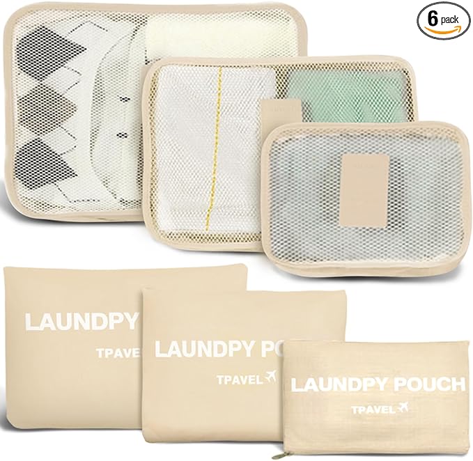 6 Set Packing Cubes for Travel Luggage Packing Bags Reusable Waterproof Suitcase Organizer Bags Set with Shoe Bag and Toiletry Bag (Beige‌)