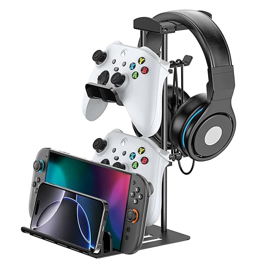 KDD Headphone Stand, Controller Holder & Headset Holder for Desk, Earphone Stand with Aluminum Supporting Bar, Universal Storage Organizer Headphones/Controller/Switch/Mobile Phone