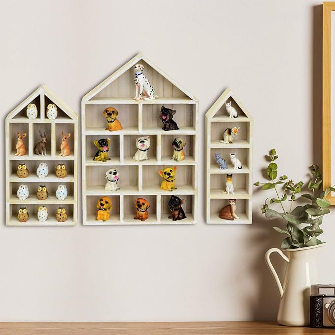 Ikee Design House-Shaped Wooden Shadow Cubby Box Display Shelf Organizer Storage Shadow Box for Mini Figures, Set of 3, Wash White Color, 10 W x 2 1/4 D x 15 H in