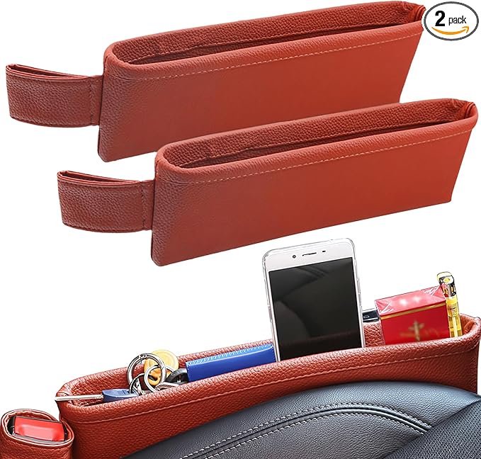 2 Pack Update Car Seat Gap Filler Organizer Leather Console Storage Box Front Side Pocket Seats Organizers Filler Interior Car Accessories for Phone Wallet Coin Key Sunglasses (Brown)