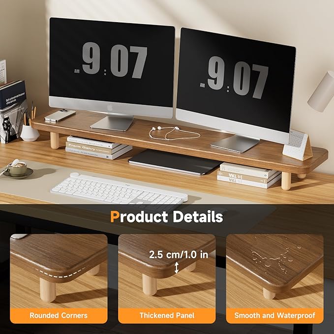 Dual Monitor Stand Riser, 39 Inch Extra Long Wooden Desktop Monitor Riser with Storage for 2 Monitors Ultra Strong Desk Shelf Organizer Riser Ergonomic for 2 Screens/Laptop/PC/TV/Printer (Walut brown, 39inches)