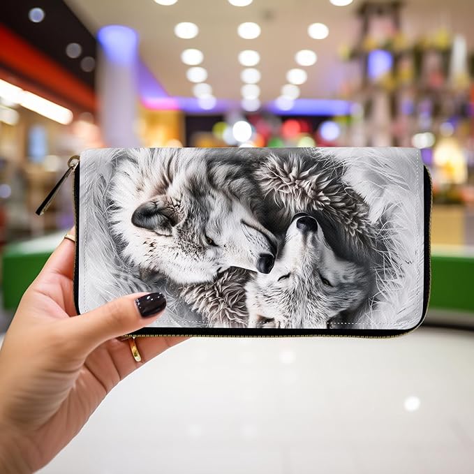 Wallet,Leather Long Wallet Suitable For Ladies And Teenagers - Detachable Wristband + RFID Travel Wallet With Card Slot - Wolves Family