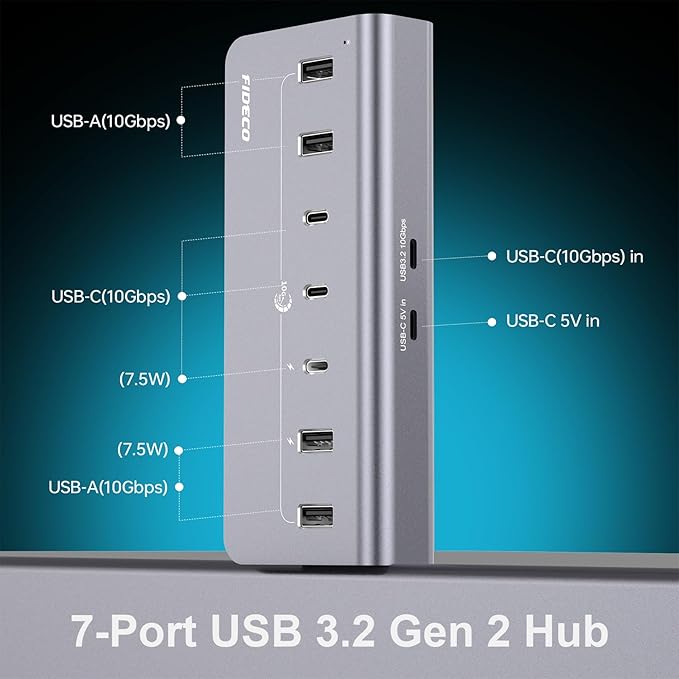 FIDECO Powered USB Hub, 7 Port 10Gbps Fast Data Hub for iPhone 16/15 and Laptop, Full Aluminum USB Splitter with 5V 3A Power Adapter, 4 USB A and 3 USB C Ports, Support BC1.2 Charging (Grey)