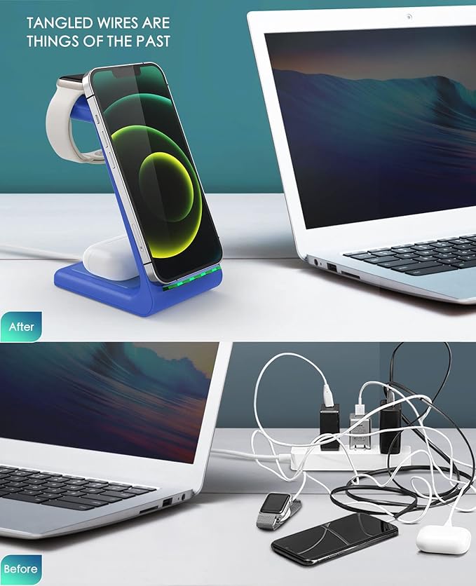 3 in 1 Wireless Charging Station, 2026 Upgraded Fast Desk Charger Station for iPhone 17 16 15 14 13 12 Pro Max Plus, Charger Stand for Apple Watch 10 9 8 7 6 5 4 3 2 SE, Airpods 4 3 2 Pro(Blue)