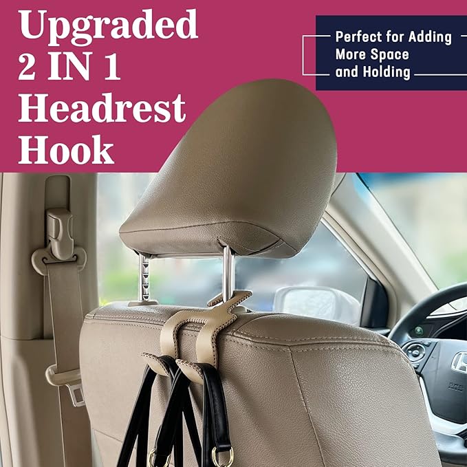 Upgraded Headrest Hooks for Purses and Bags, 2 in 1 Car Back Seat Head Rest Hanger Matching Cars Interior Genuine Leather Vehicle Storage Holder Hook, 2 Pack, Beige
