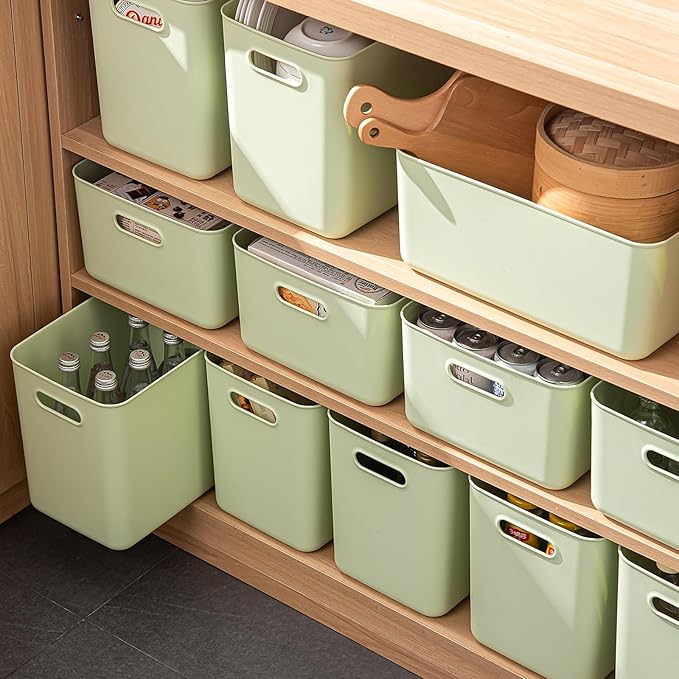 5 pack large plastic White storage bins with Lids, Toy Box Chest with Handle，Organizer Containers Baskets for Baby,Nursery，Shelves，Playroom, Bedroom，Office,Closet，home (Light Green, 5L)