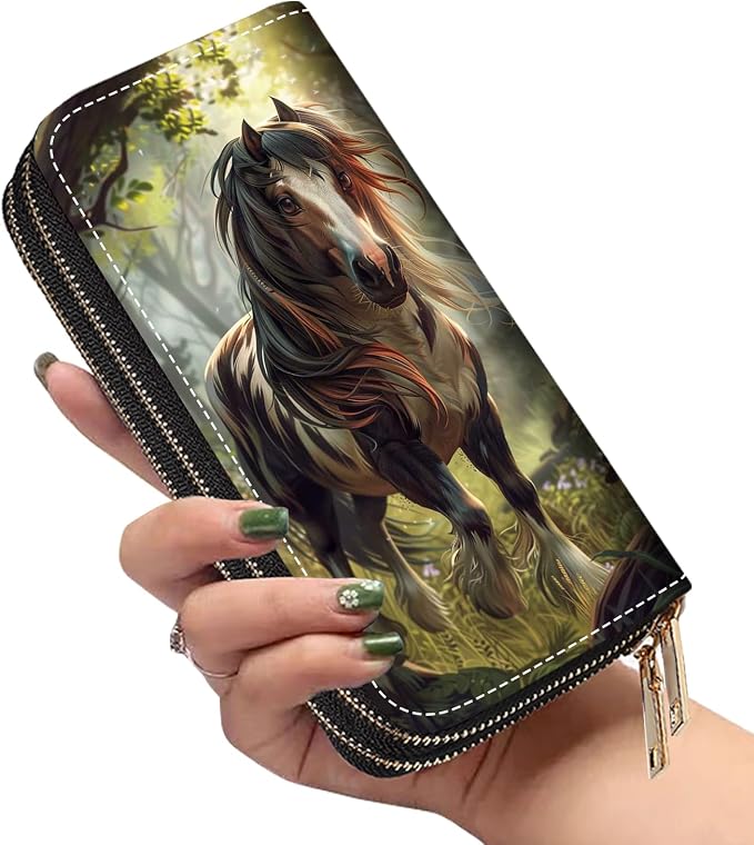 Women's Large Capacity Wallet PU Leather Double Zipper Clutch Purse Multifunctional Wallet with Removable Wristlet Strap for Smart Phone/Coin/Card/Cash, Horse