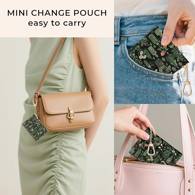 Vintage Plants Keychain Coin Purse for Women, Small PU Leather Change Pouch, Zipper Little Tiny Travel Wallet for Girls, Cute Kawaii Zip Pocket Coin Holder with Key Ring