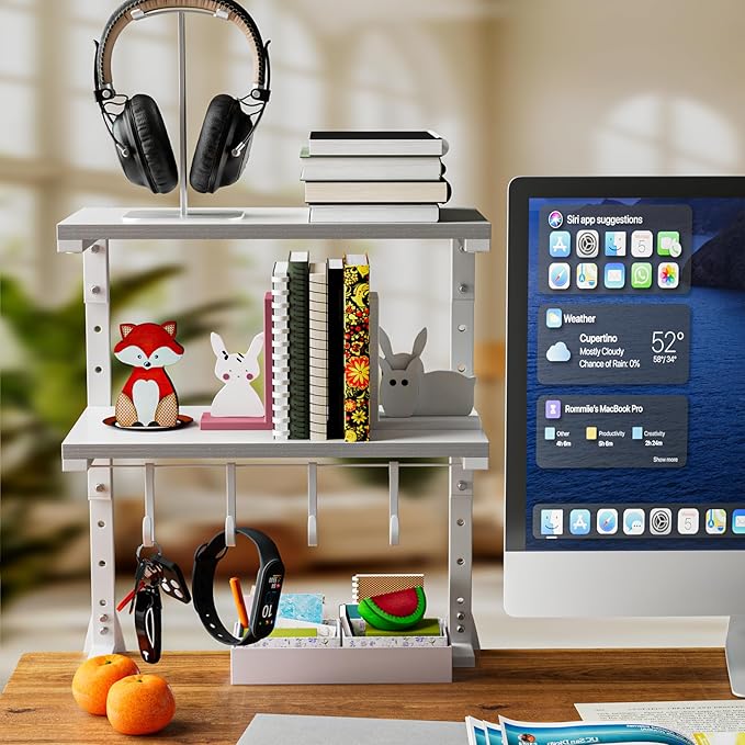 2-Tier Clamp On Desk Shelf, Clamp on Desk Shelf, 13 inch Adjustable Above or Under Wood Desk Storage Shelves, Heavy Duty Desktop Organizer for Working and Gaming Accessories, White