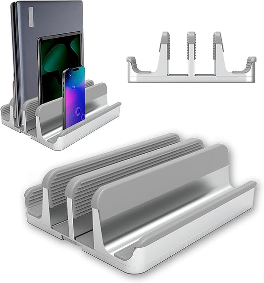 Elestoria 4- Slot Vertical Laptop Stand - Aluminum Laptop Stand Vertical for Desk - Fits MacBook Pro/Air, Surface, Mobiles & Gaming Laptops up to 17.3" - Heavy Duty Laptop Holder for Desk - Silver