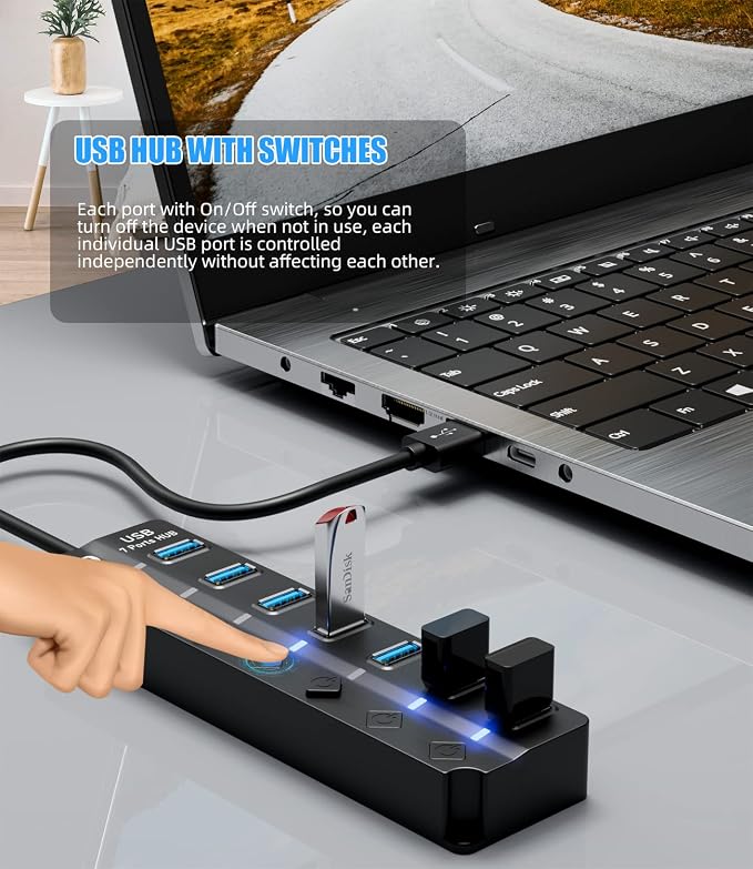 USB Hub 3.0, Eanetf 7 Port USB hub with LED Individual On/Off Switches and Extended Long Cable for MacBook, Mac Pro, Mac mini, iMac, Surface Pro, XPS, PC - 4ft