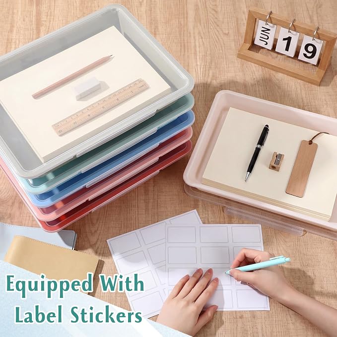 Tinlade 12 Pcs Classroom Paper Storage Bins with Clear Latching Lid, Label Stackable Letter Size Flat Tray Container for Teacher Back to School Supplies Home Office Desk Arts Crafts (Boho,13x10in)