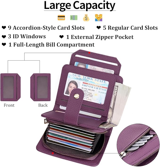 GAEKEAO Small Leather Credit Card Holder Wallets for Women RFID Blocking Bifold Wallet Zipper Pocket with Removable ID Window