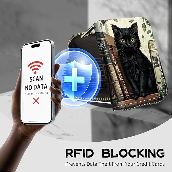 Cute Credit Card Holder with Zipper, Black Cat Books RFID-Blocking Card Case Small Wallet for Women Men, Multi-slot Card Organizer Case Travel Accordion Wallet