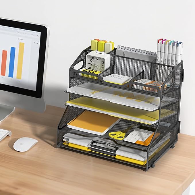 YINGHUA 5 Tier Paper Tray Letter Organizer with Top 6 Adjustable Compartments - Paper Sorter Office Desktop Accessories with Handles for Document,Mail,School Supplies Storage,Black