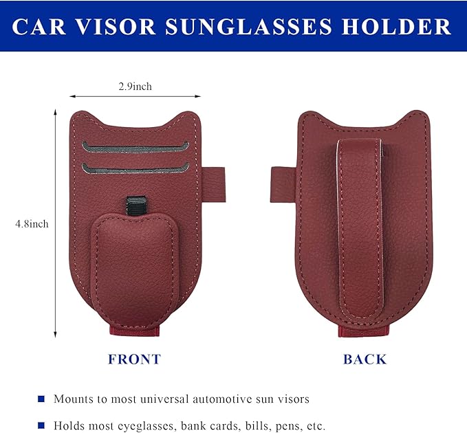 Sunglasses Holder for Car Visor, Magnetic Auto Sun Visor Organizer with Ticket & Pen Clip, Multi-Pocket Leather Eyeglass Clip Interior Accessories for Most Vehicles (Wine Red)