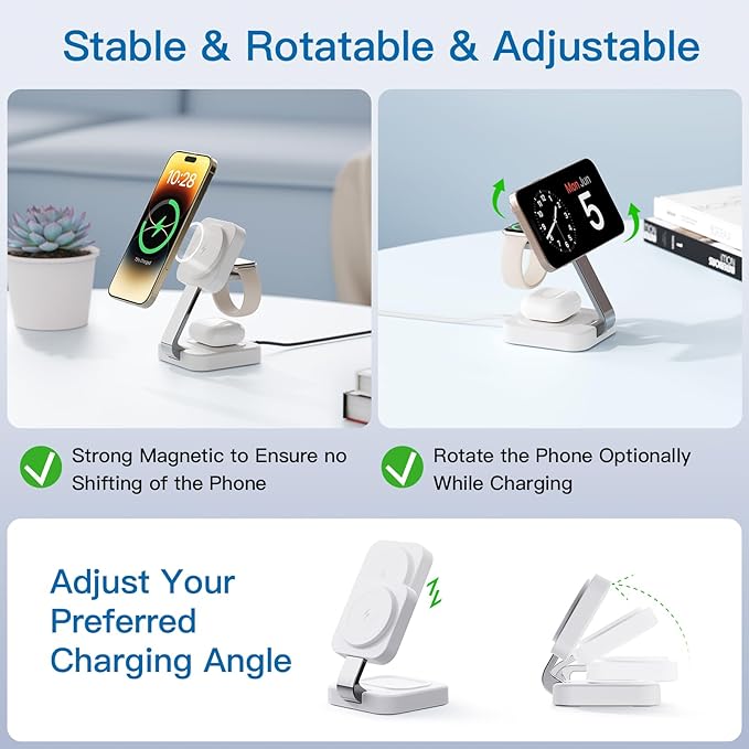 RYND 2026 Traveling Wireless Mag-Safe Fast Charging Station,Magnetic 3 in 1 Charger with iPhone 17 16 15 14 13 12 Pro Max Plus,Apple Watch Series & Air pods 4 3 2 Pro-Gifts for Wife & Husband(White)