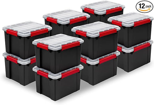 Sterilite 12 Pack Gasket Box, Stackable Plastic 8.5 Gallon Storage Container with Lids, Black - Waterproof and Dustproof Tote for Home Organization