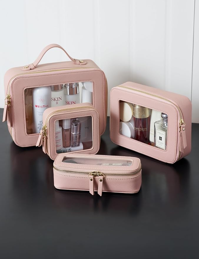 Popvibe Clear Makeup Case Set Pink Toiletry Bag Travel Large Clear Cosmetic Bag with Zipper, Big Make Up Bag Organizer Women Traveling TSA Approved Transparent Bag Car for Essentials