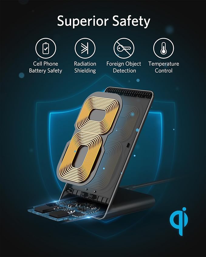 Anker 313 Wireless Charger (Stand), Qi-Certified for iPhone 17/17/17 Pro/17 Pro Max/15/14/13, 10W Fast-Charging Galaxy S23 S22 S21(No AC Adapter)