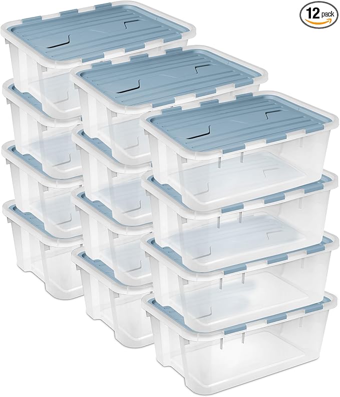 Sterilite 12 Pack Hinged Lid Storage Box, 40 Qt Plastic Container, Washed Blue - Home Organizer Tote for Storing Shoes, Crafts, Clothing, or Decor