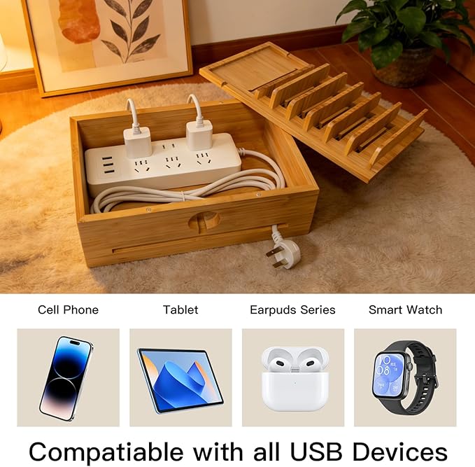 Bamboo Charging Station Organizer for Multi-Devices with Tray, Nightstand Desk Electronic Organizer Stand for Cell Phone, Tablet, Etc (with 5-Cable, No USB Charger)