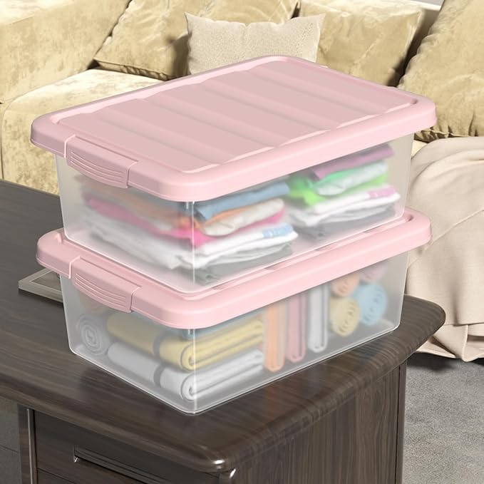 14-Quart Storage Container Bin with Pink Secure Lid and Latch Buckles, Durable Plastic Stackable Nestable Organizin, 2-Pack