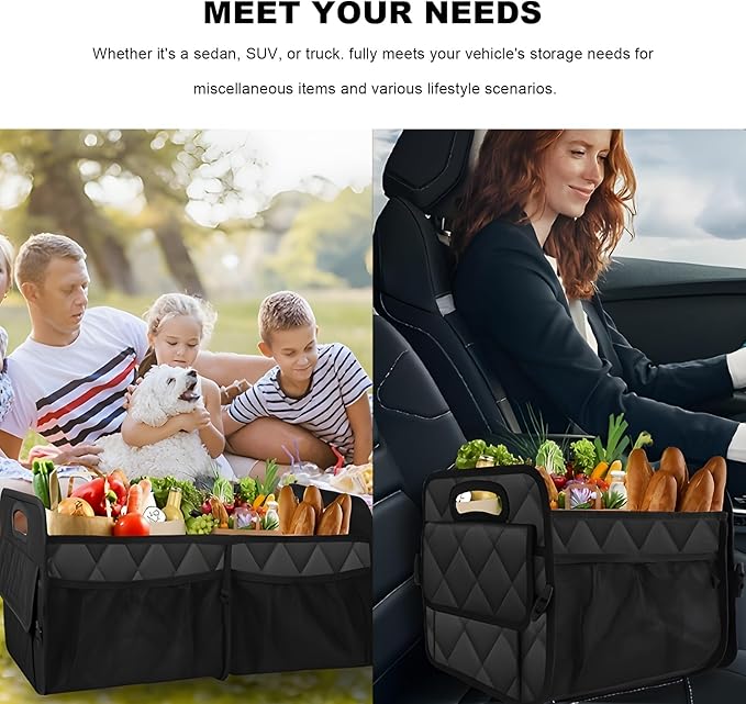 Sun Walker Car Trunk Organizer, Collapsible Auto Storage Box Cargo Organizer with Reinforced Handle, Multi-Pocket Waterproof Oxford Container for Sedan Truck SUV, Car Accessories